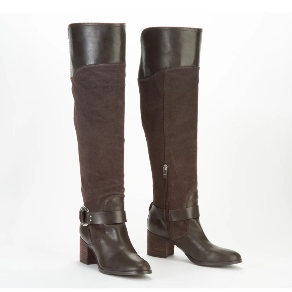 Marc Fisher Editer OTK Boots Suede Leather Harness Brown Womens 6.5W QMEDITER